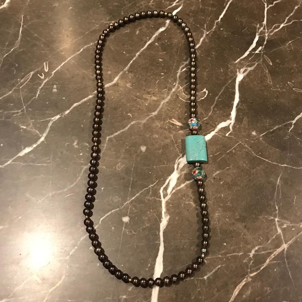 2 for $17 Black pearls & turquoise stone necklace